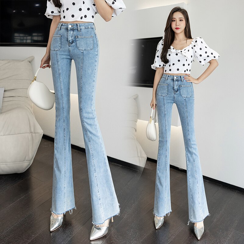 Women&s Jeans Pants Boot Cut Female High Waist Jeans Femme Pockets Long Denim Slim Solid Flare Pants For Lady flare 